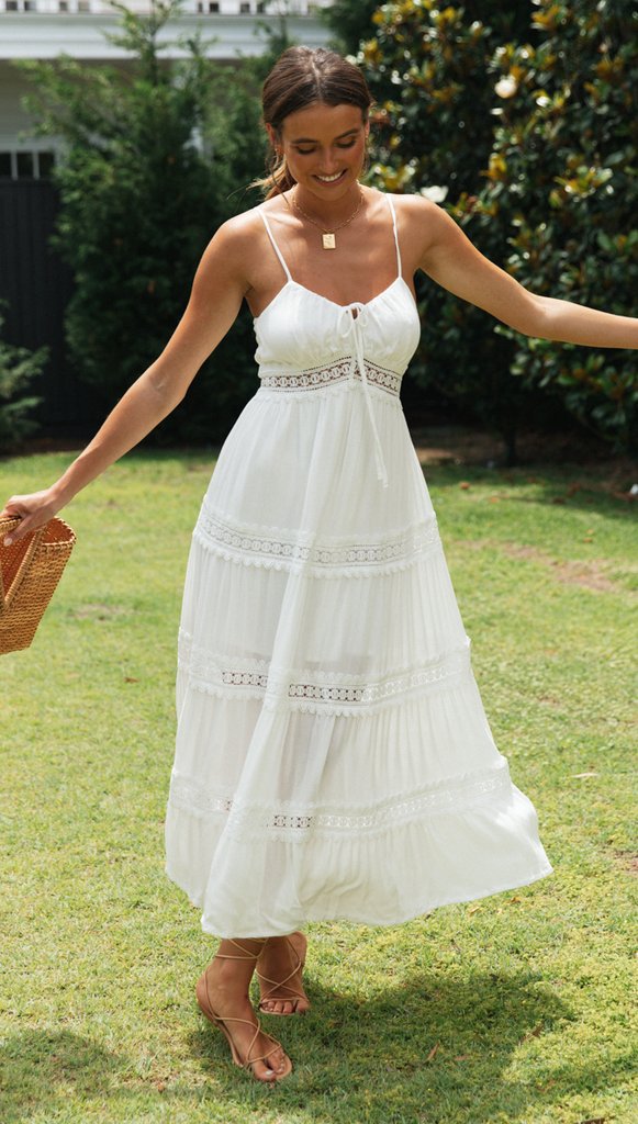 Spaghetti Strap Lace Trim Tie Front Smocked Back Tiered Maxi Dress