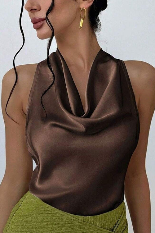 Cowl Neck Sleeveless Bow Back Satin Top