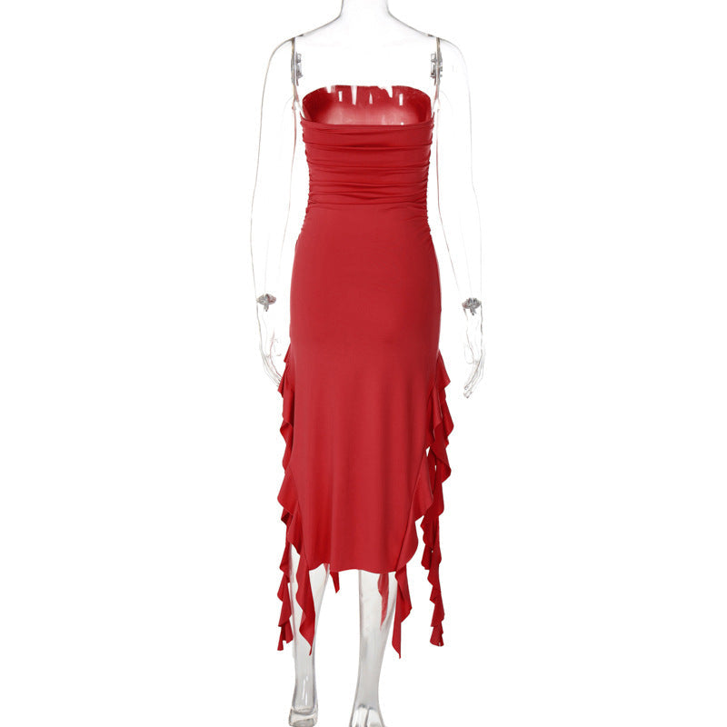 Strapless Tube Neck Ruched Double High Slit Cascading Ruffle Midi Dress