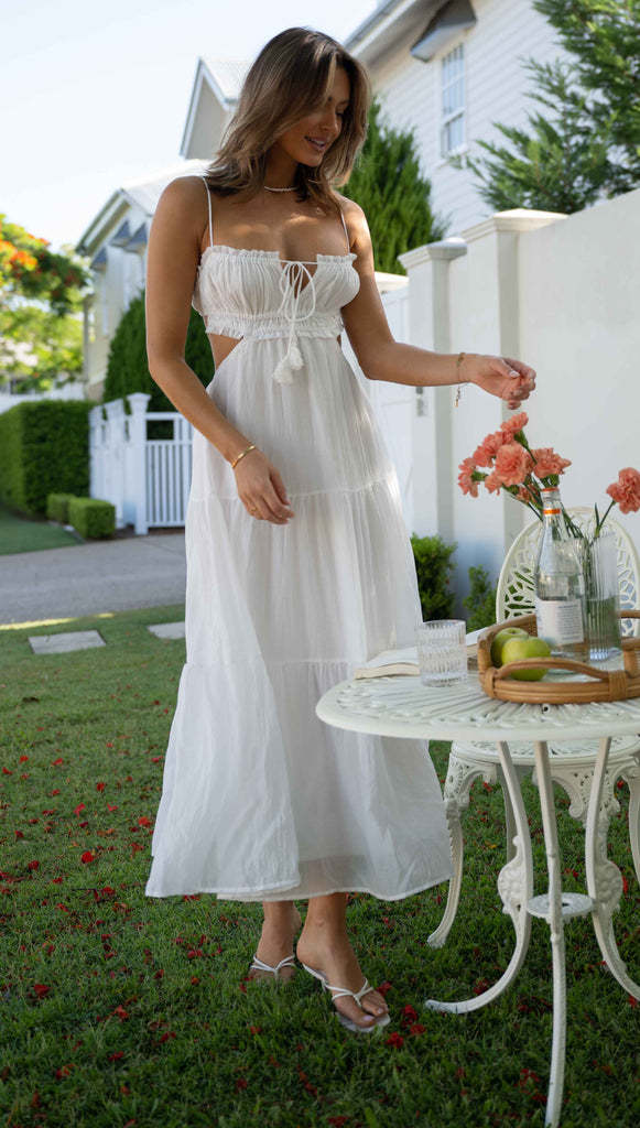 Spaghetti Strap Smocked Tie Tassel Side Cutout Tiered Crinkle Maxi Dress