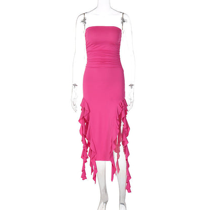 Strapless Tube Neck Ruffle Trim High Slit Midi Dress