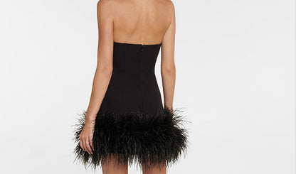 Strapless Bandeau Ostrich Feather Trim Bodycon Mini Dress