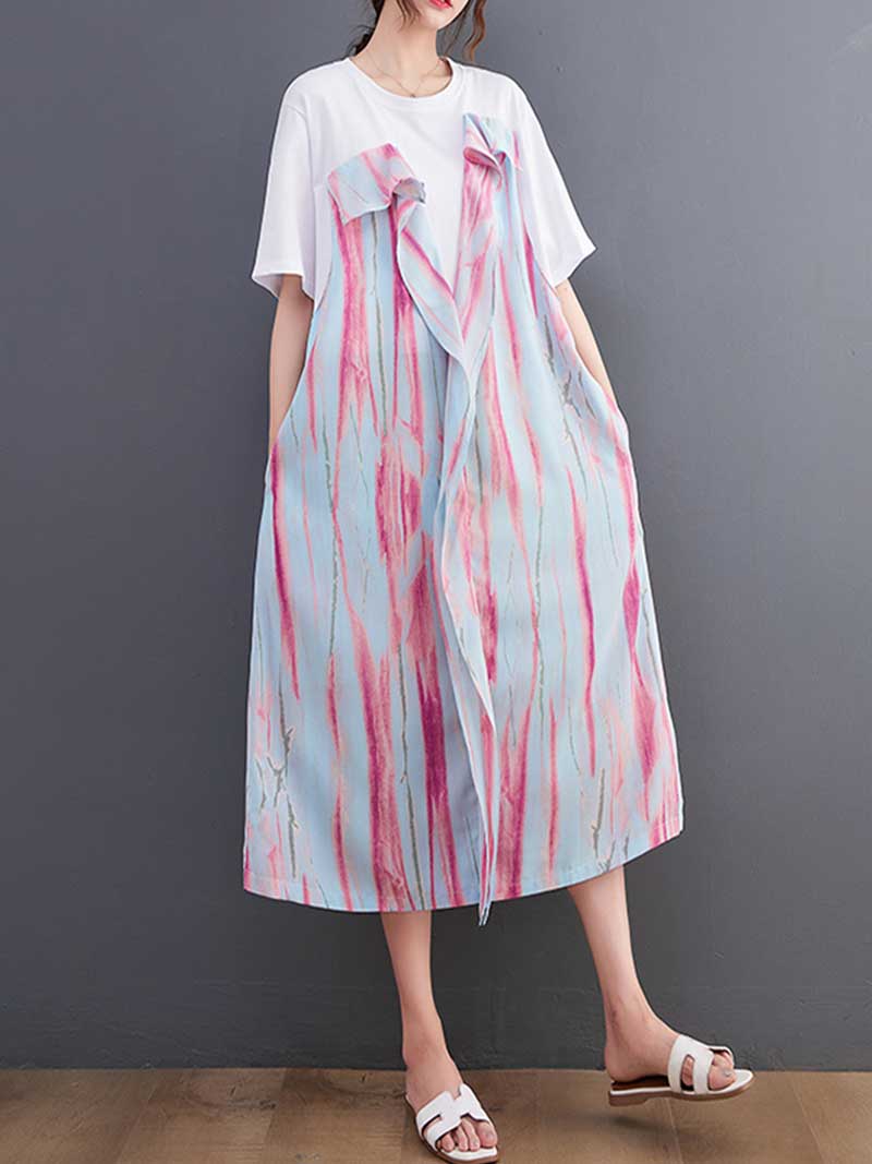 Sleeveless V Neck Abstract Brushstroke Print Layered Midi Dress