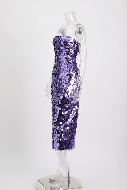 Strapless Paillette Sequin Bodycon Midi Dress