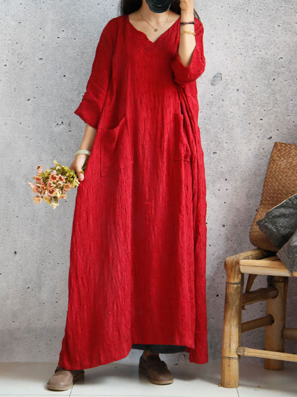 Round Neck Crinkle Gauze Square Pocket Oversized Maxi Linen Dress