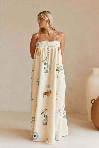 Square Neck Mediterranean Travel Print Pocket Maxi Dress