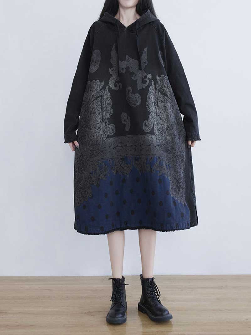 Hooded Long Sleeve Paisley Print Polka Dot Panel Midi Dress