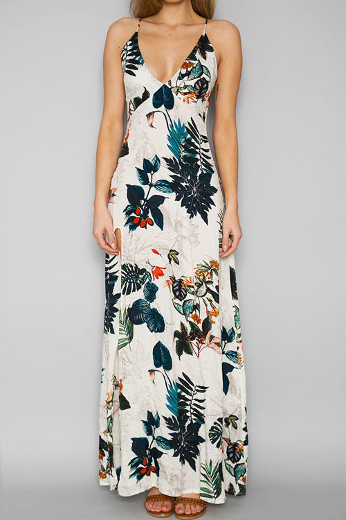 Spaghetti Strap Deep V-Neck Botanical Print Side Slit Maxi Dress