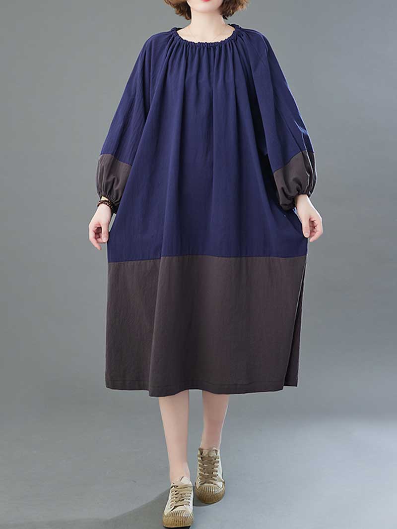 Gathered Neck Colorblock Lantern Sleeve Midi Dress