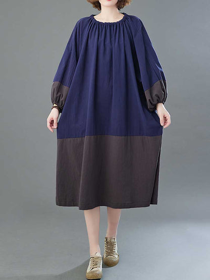 Gathered Neck Colorblock Lantern Sleeve Midi Dress