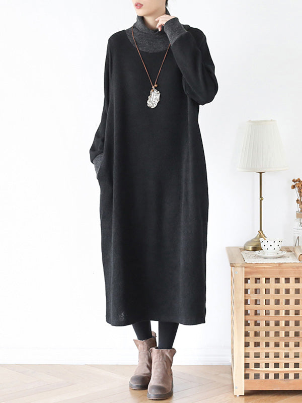 Crew Neck Long Sleeve Layered Look Oversized Pocket Midi Dress