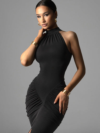 Halter Neck Ruched Hip Front Slit Bodycon Maxi Dress