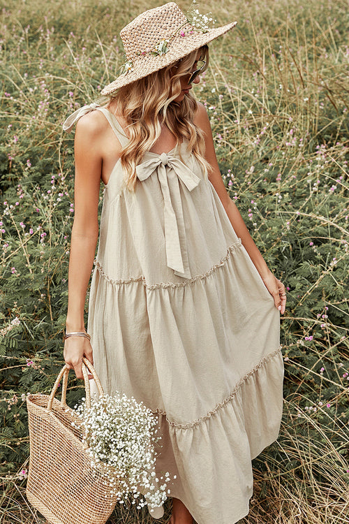 Square Neck Smocked Bodice Tiered Babydoll Maxi Dress