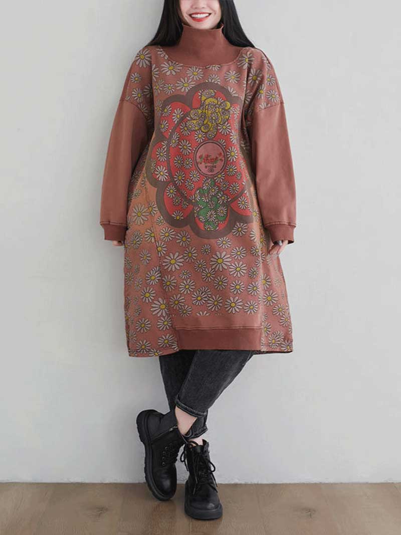 Turtleneck Floral Daisy Print Oversized Sweatshirt Midi Dress