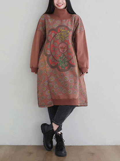 Turtleneck Floral Daisy Print Oversized Sweatshirt Midi Dress