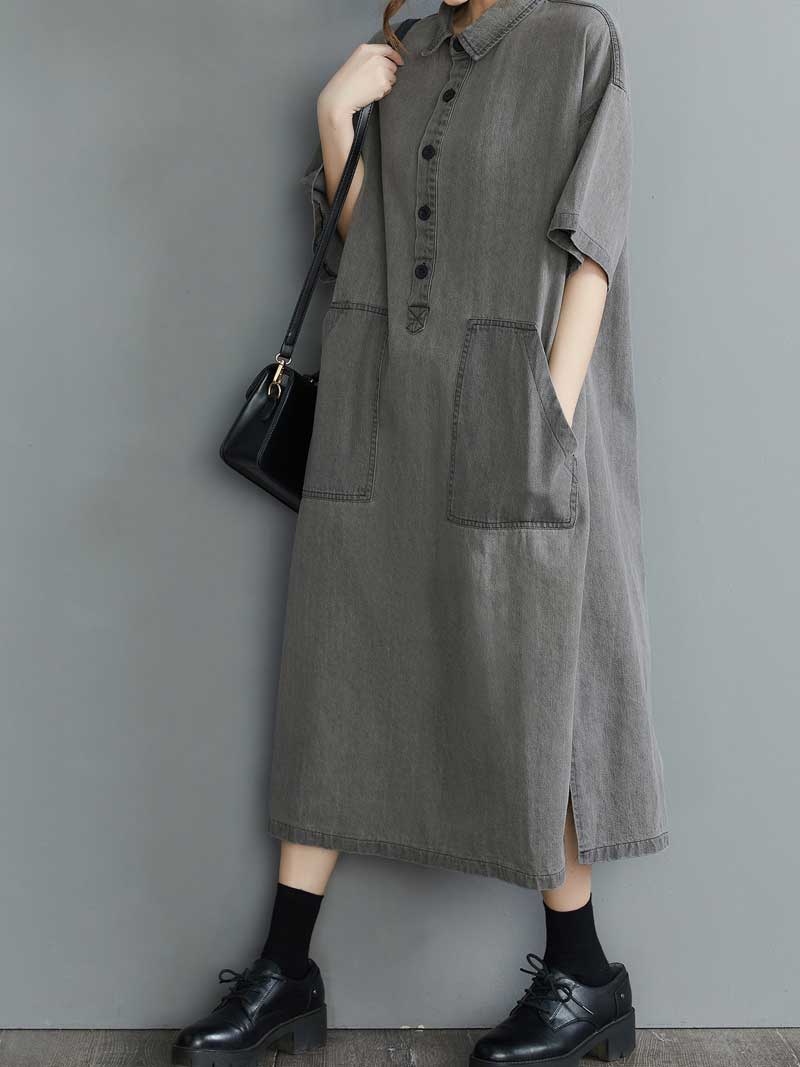 Round Neck Short Sleeve Patch Pocket Oversized Shirt Midi Dress