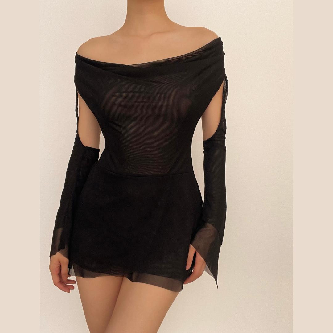 Halter Cowl Neck Mesh Off Shoulder Flare Cuff Mini Dress