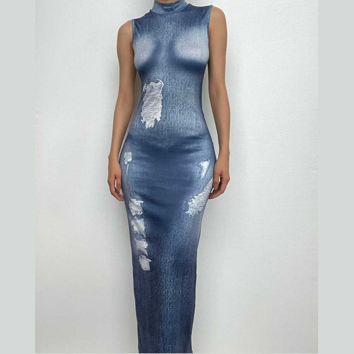 Mock Neck Distressed Faux Denim Print Bodycon Maxi Dress
