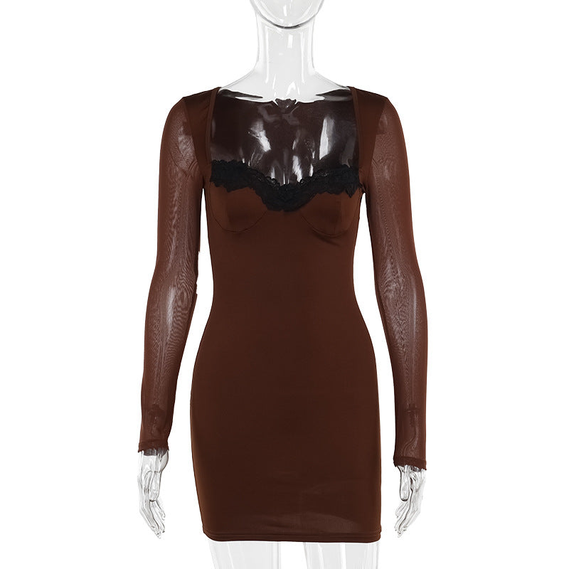 Wide Scoop Neck Lace Trim Underwire Bustier Mesh Sleeve Bodycon Mini Dress