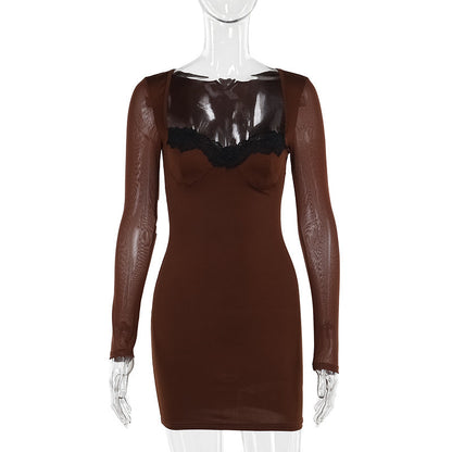 Wide Scoop Neck Lace Trim Underwire Bustier Mesh Sleeve Bodycon Mini Dress