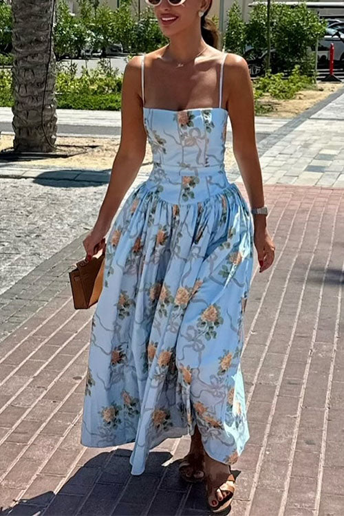 Spaghetti Strap Waisted Floral Print A-line Maxi Dress