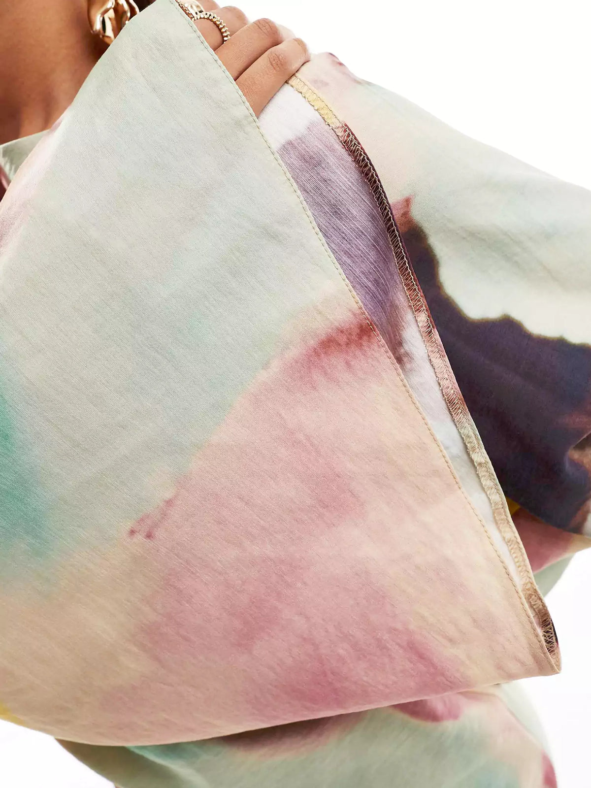 Abstract Watercolor Print Boat Neck Bell Sleeve Maxi Dress