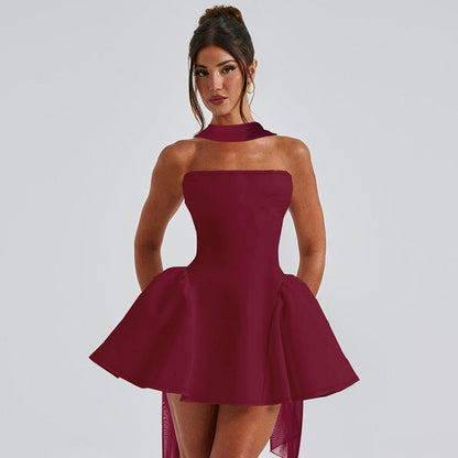 Strapless Choker Neck Structured Flare Hem Mini Dress