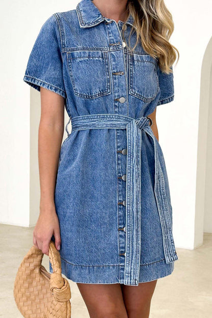 Collared Short Sleeve Button Down Chest Pocket Belted Denim Mini Dress