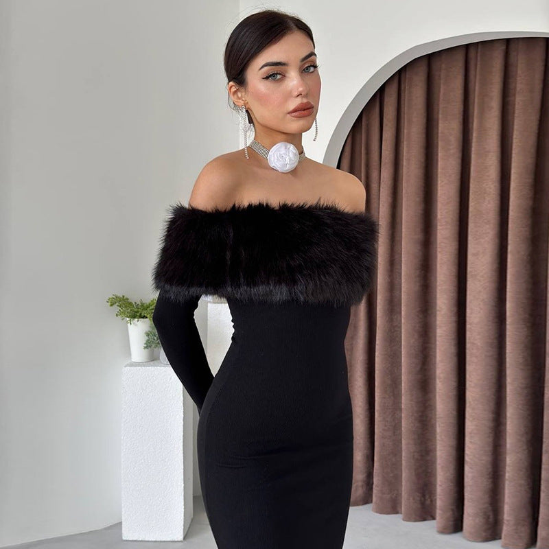 Off Shoulder Faux Fur Trim Long Sleeve Bodycon Maxi Dress