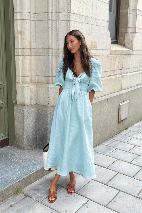 Tie-Front V-Neck Puff Sleeve Smocked Waist Linen Pocket Midi Dress