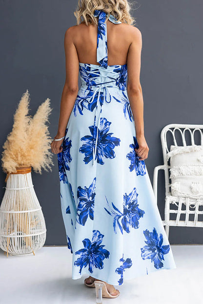 Halter V Neck Back Lace-up Waisted Floral Print Maxi Dress