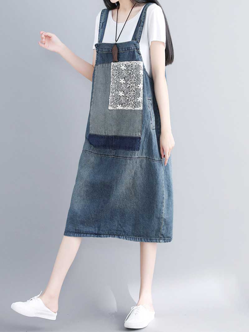 Patchwork Lace Panel Denim Pinafore Overall Midi Dress