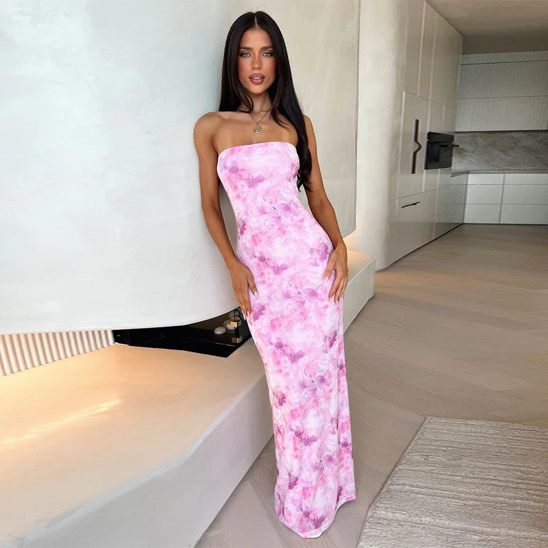Strapless Abstract Watercolor Floral Print Bodycon Maxi Dress