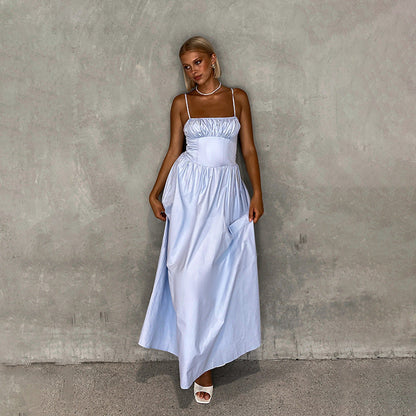 Spaghetti Strap Ruched Bust Corset Bodice A Line Maxi Dress