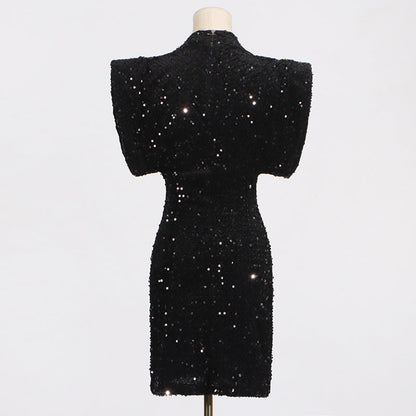 Structured Shoulder Crew Neck Sequin Mini Dress