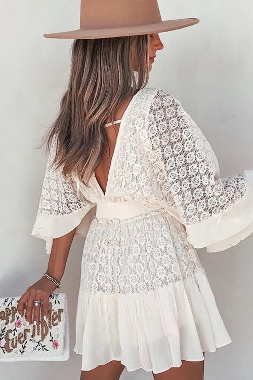 Lace Deep V-Neck Bell Sleeve Smocked Waist Button Front Ruffle Hem Mini Dress