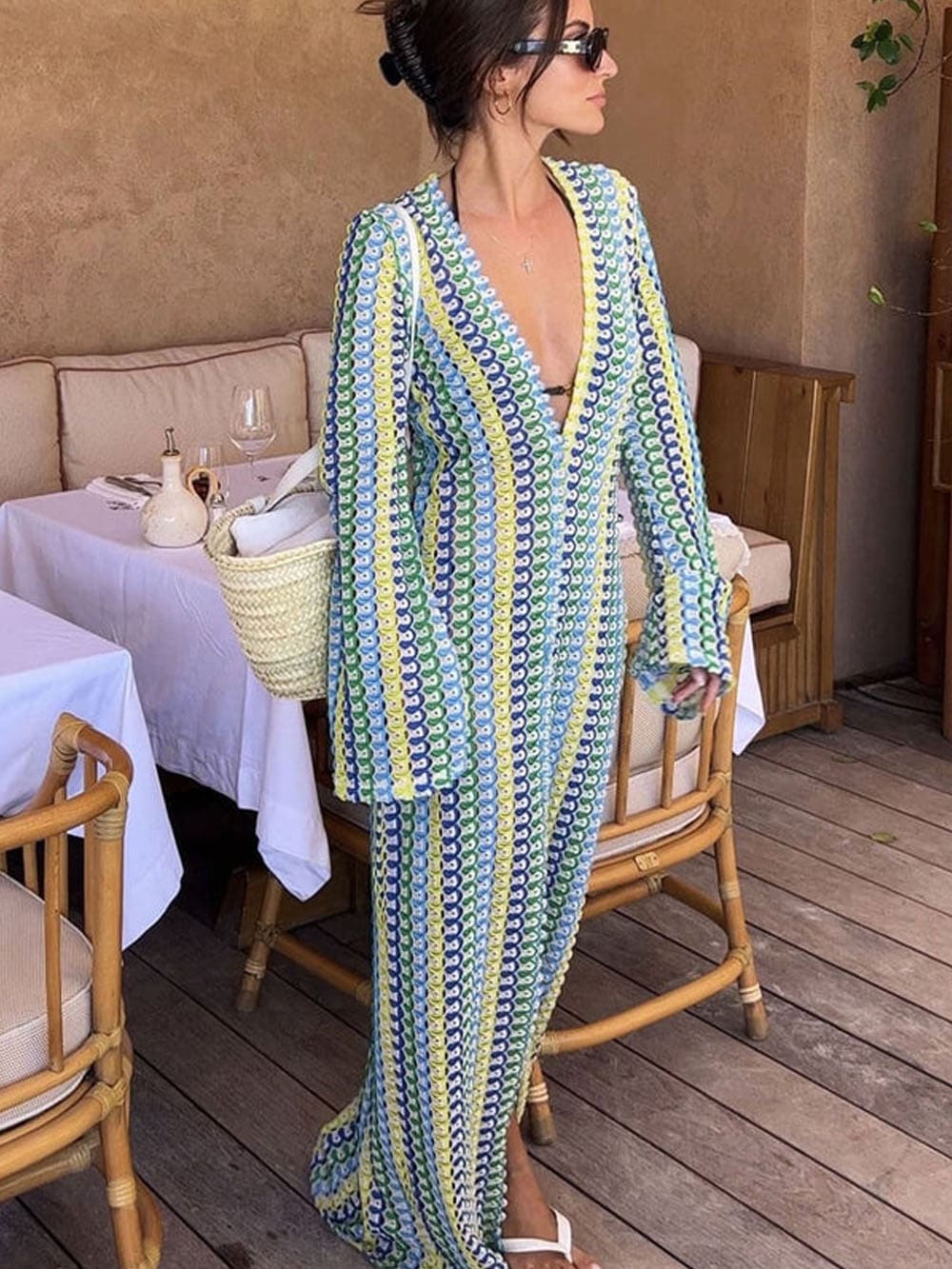 Crochet Stripe Print Deep V-Neck Long Sleeve Front Slit Maxi Dress