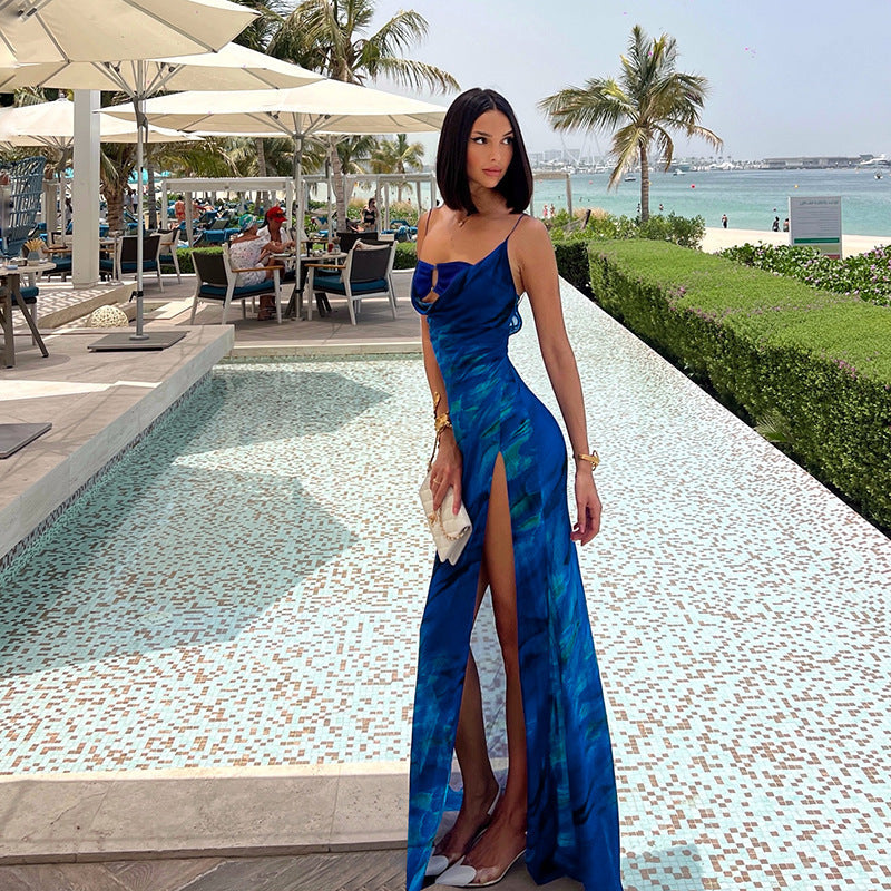 Cowl Neck Spaghetti Strap Ring Link Bust Cutout Marble Print Slit Maxi Dress