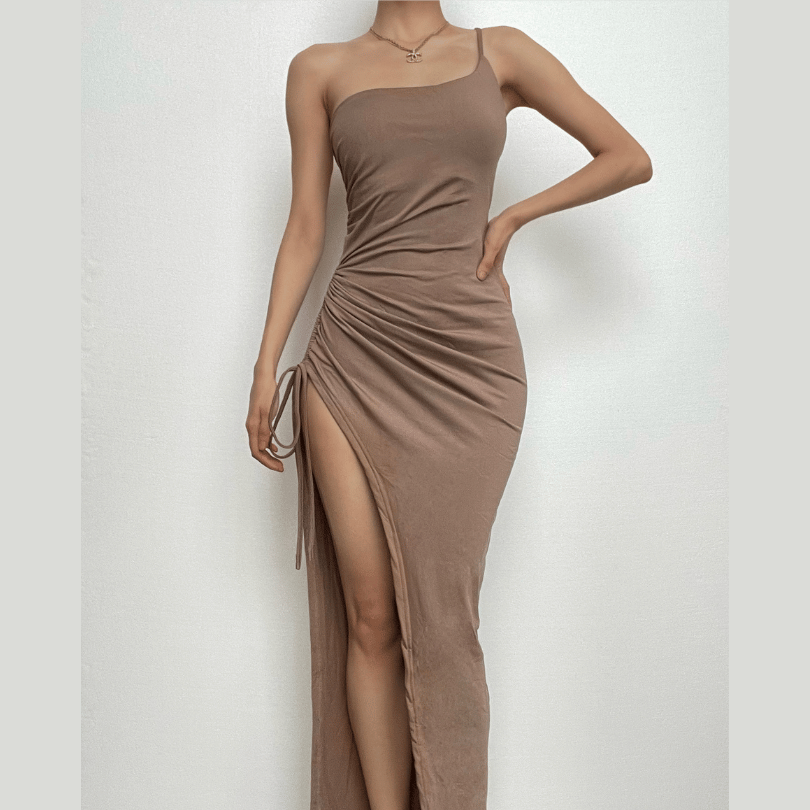 One Shoulder Side Ruched Drawstring High Slit Maxi Dress