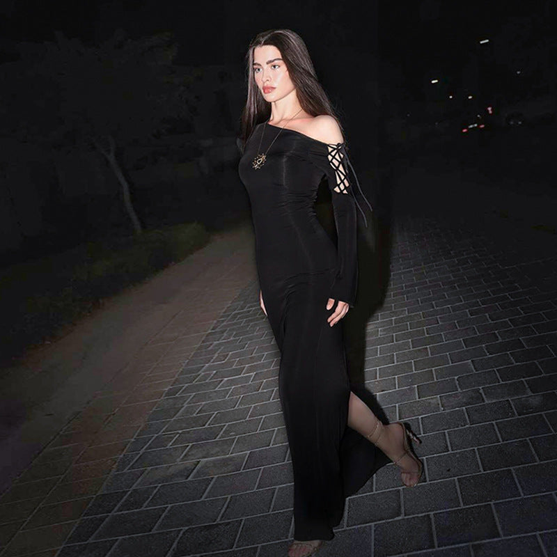 One Shoulder Lace Up Sleeve High Slit Bodycon Maxi Dress