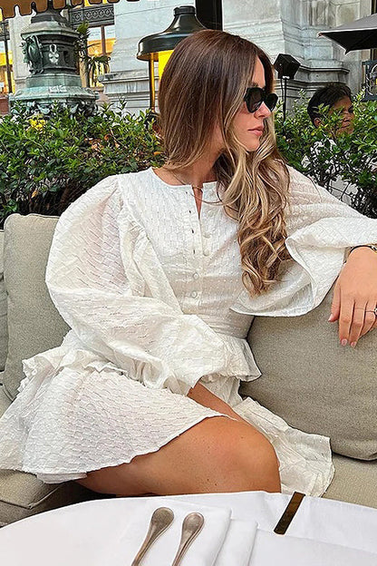 V Neck Button Front Balloon Sleeve Tiered Ruffle Crochet Lace Mini Dress