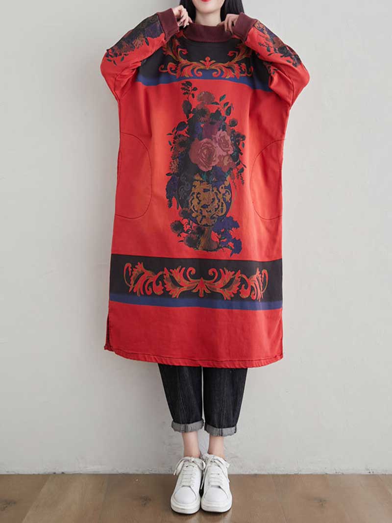 Mock Neck Art Print Oversized Midi Sweater Dress