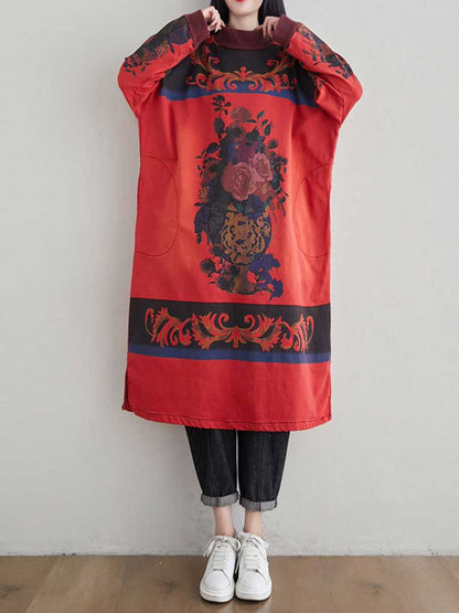 Mock Neck Art Print Oversized Midi Sweater Dress