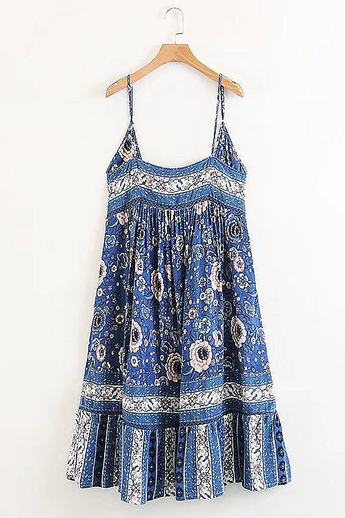 Square Neck Spaghetti Strap Bohemian Floral Border Print Ruffle Hem Midi Dress