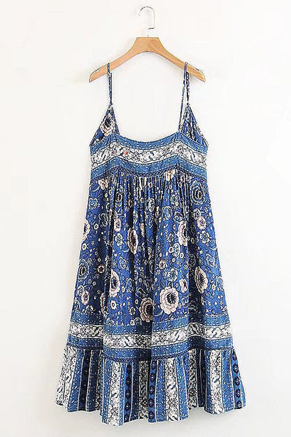 Square Neck Spaghetti Strap Bohemian Floral Border Print Ruffle Hem Midi Dress