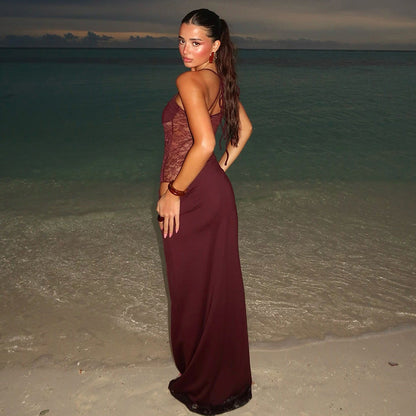 Spaghetti Strap Square Neck Lace Waist Panel Bodycon Maxi Dress