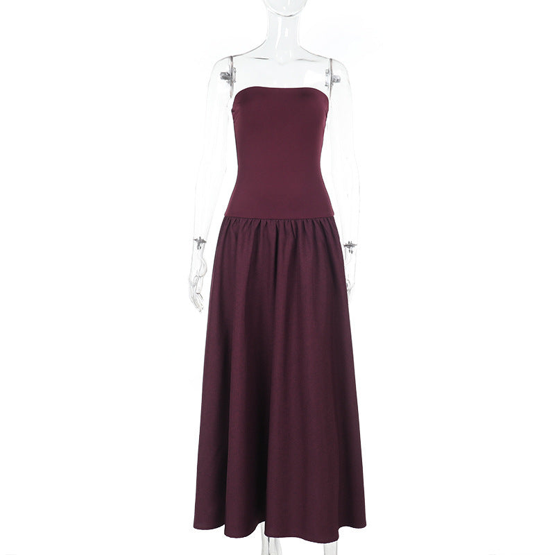 Strapless Bandeau Waistband Pleated Maxi Dress