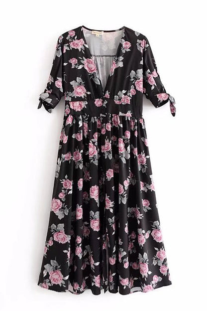 Floral Print Button Front Tie Sleeve Maxi Duster Dress