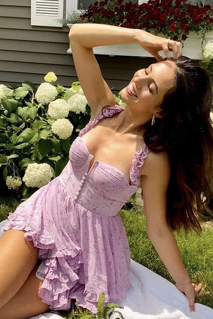 Ruffled Floral Print Mini Dress