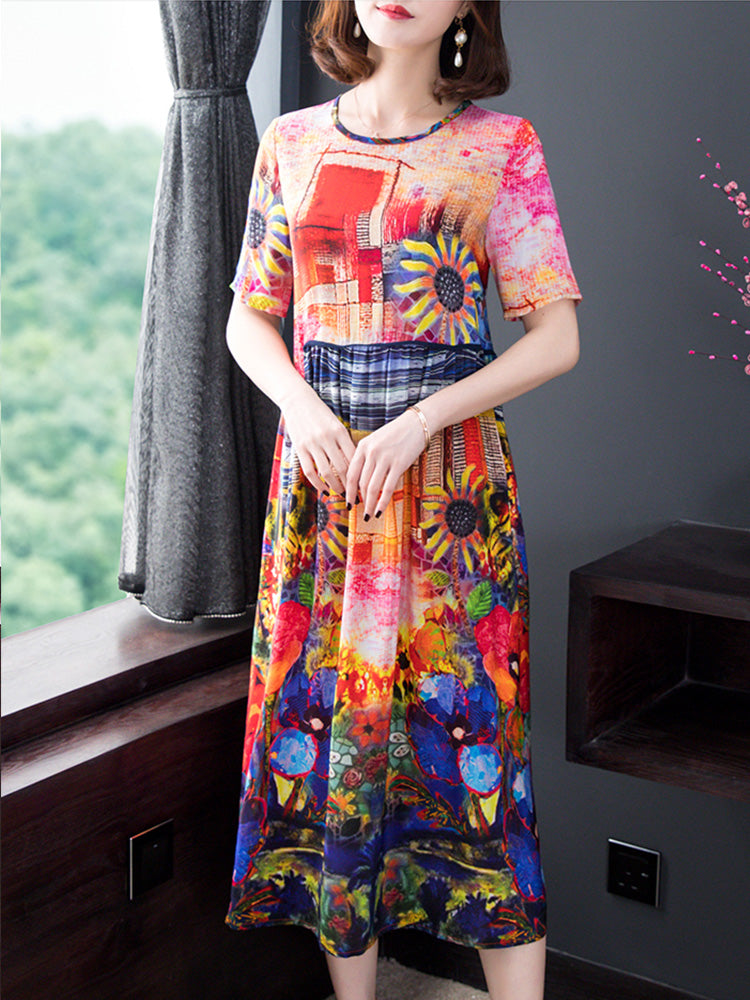Crew Neck Short Sleeve Sunflower Graphic Landscape Midi Dress